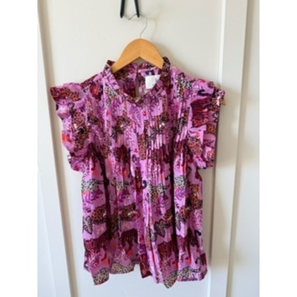 Printfresh Organic Cotton Jungle Cat Print Ruffle Blouse Pink Tiger Leopard S